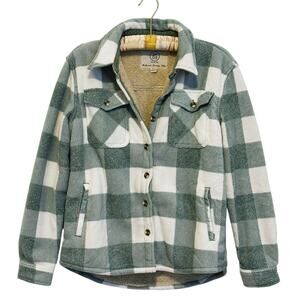 Sage Collective Fleece Lined Plaid Shacket Button Up Womens Small Teal Cozy